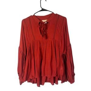 Lottie & Holly Red Rust Long Sleeve Tassel Loose Fit Boho Blouse Top Women Med